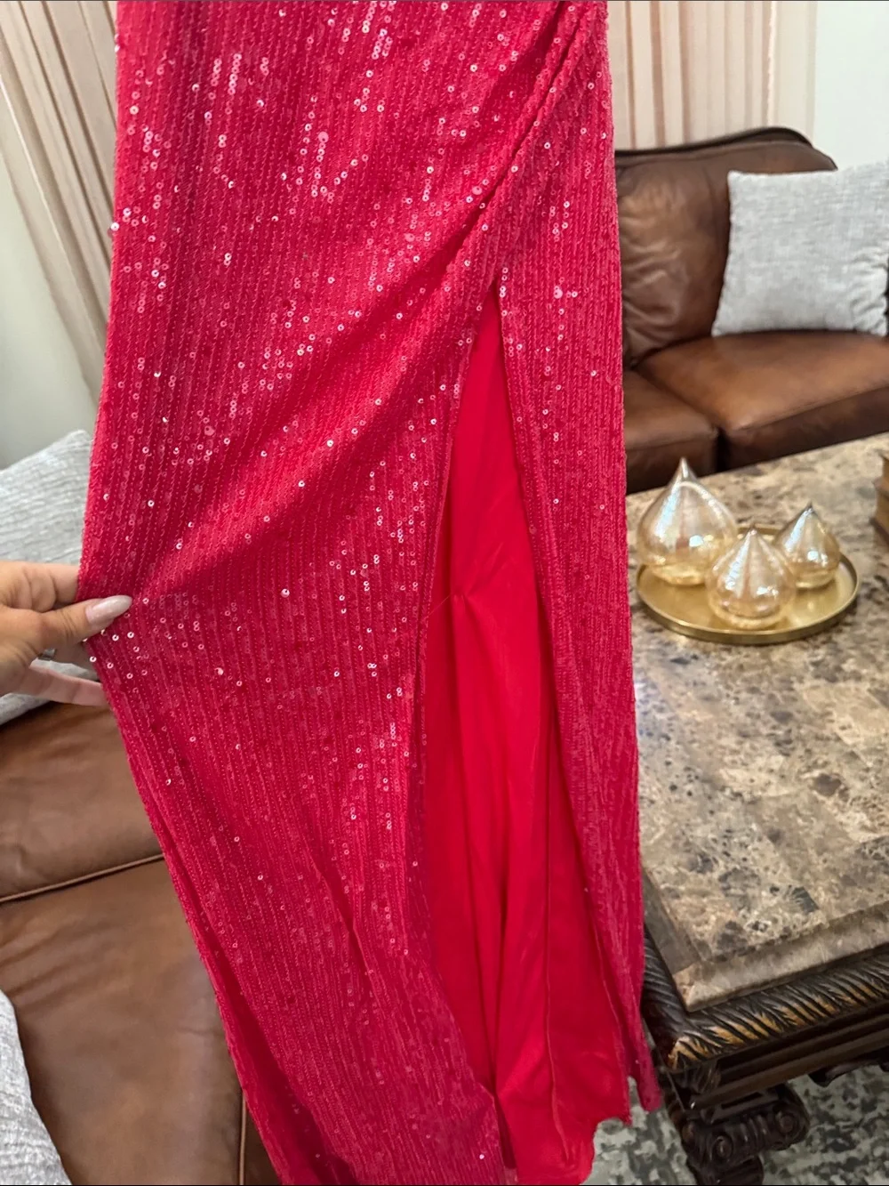 Red Sequin Draped Evening Dress - Size 2